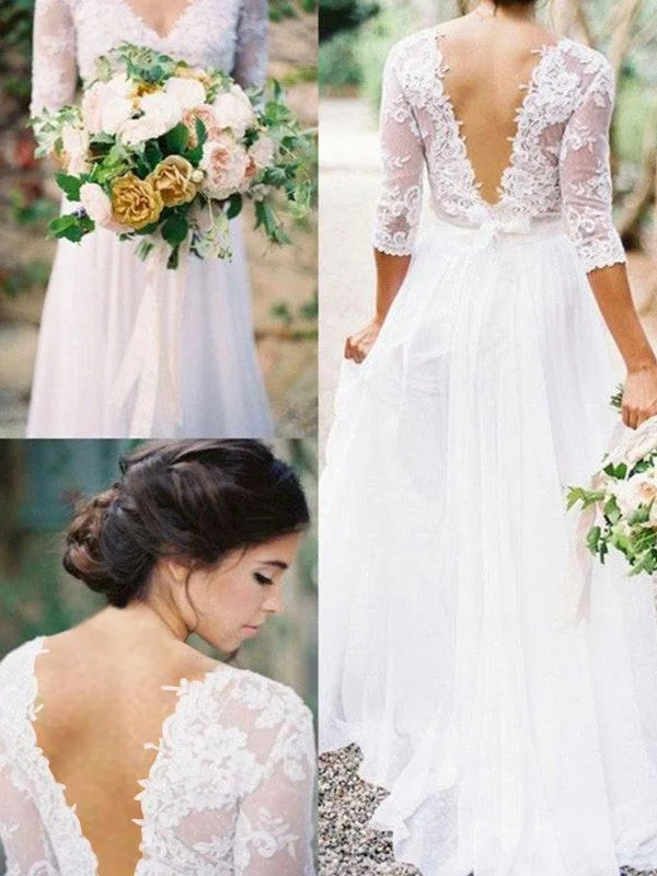 A-Line/Princess 1/2 Sleeves V-neck Sweep/Brush Train Applique Lace Chiffon Wedding Dresses Lace Wedding Dress