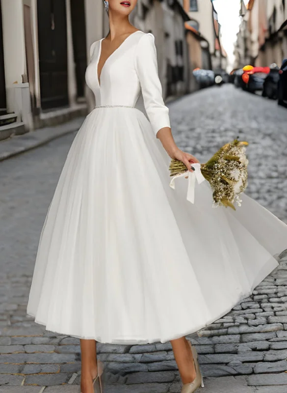 A-Line/Princess V-Neck Tea-Length Wedding Dress