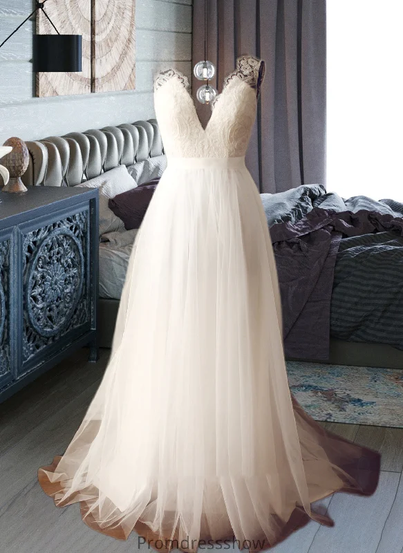 Amber A-Line V-neck Sweep Train Tulle Wedding Dress STKP0013812 Classic Bridal Gown