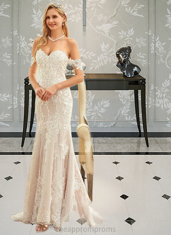 Ashlyn Trumpet/Mermaid Off-the-Shoulder Court Train Tulle Lace Wedding Dress STIP0013789 Illusion Neckline Gown