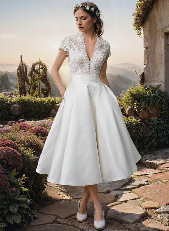 Ball Gown V-Neck Tea-Length Lace Wedding Dress A-line Bridal Dress