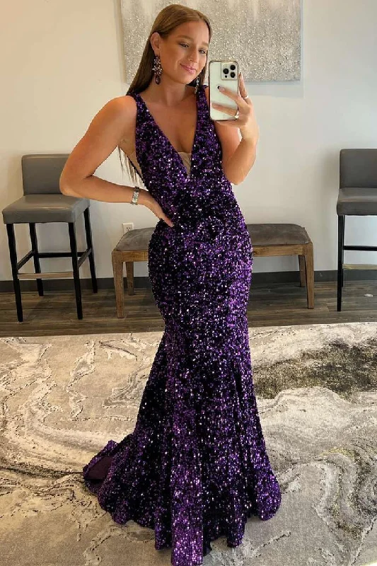 Charming Mermaid Deep V Neck Purple Sequins Long Prom Dresses N122 Soft Satin Bridal