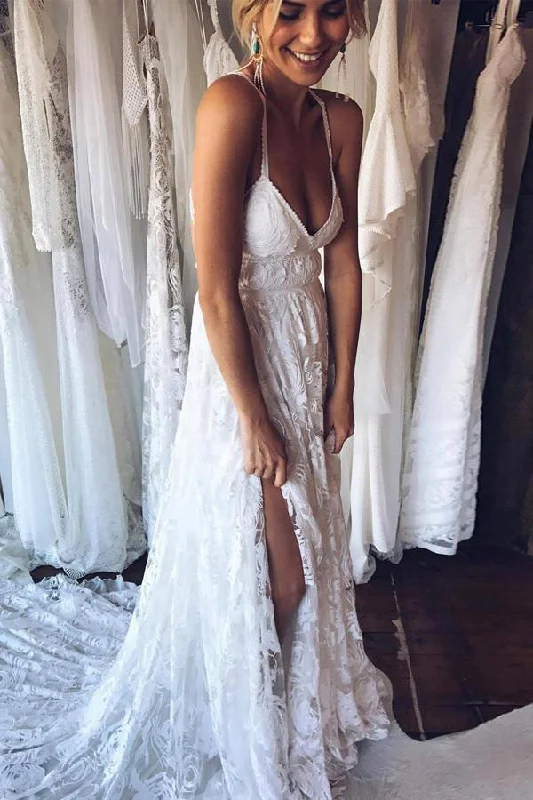 Charming Simple Ivory Lace A Line Court Train Spaghetti Straps Backless Side Slit Beach Wedding Dresses Wedding Dress Long