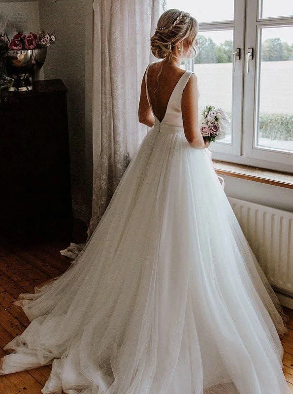 Elegant Round Neck V-back Tulle Ivory Wedding Dresses With Bowknot OW665 Princess Wedding Dress