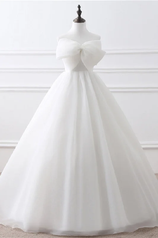 Elegant Strapless White Long Wedding Dress with Bow Simple Satin Gown