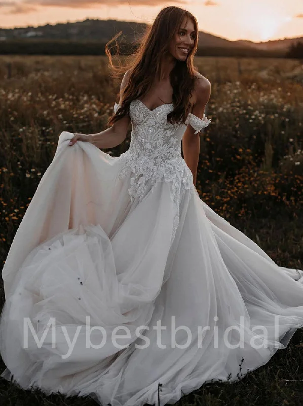 Elegant Sweetheart Off shoulder A-line Lace applique Wedding Dresses,WDY0321 Glamorous Wedding Dress