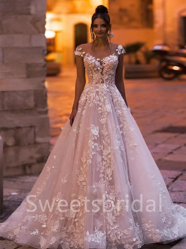 Elegant V-neck Off shoulder A-line Lace applique Wedding Dresses,DB0315 Modern Bridal Gown