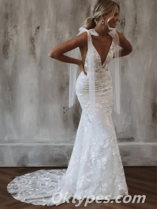 Gorgeous White Lace Spaghetti Straps Deep V-Neck Open Back Mermaid Long Wedding Dresses,WDS0127 Strapless Bridal Dress