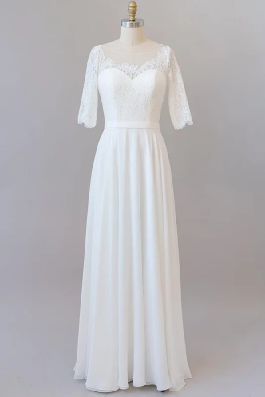 Graceful Long A-line Lace Chiffon Wedding Dress with Sleeves Chic Bridal Gown