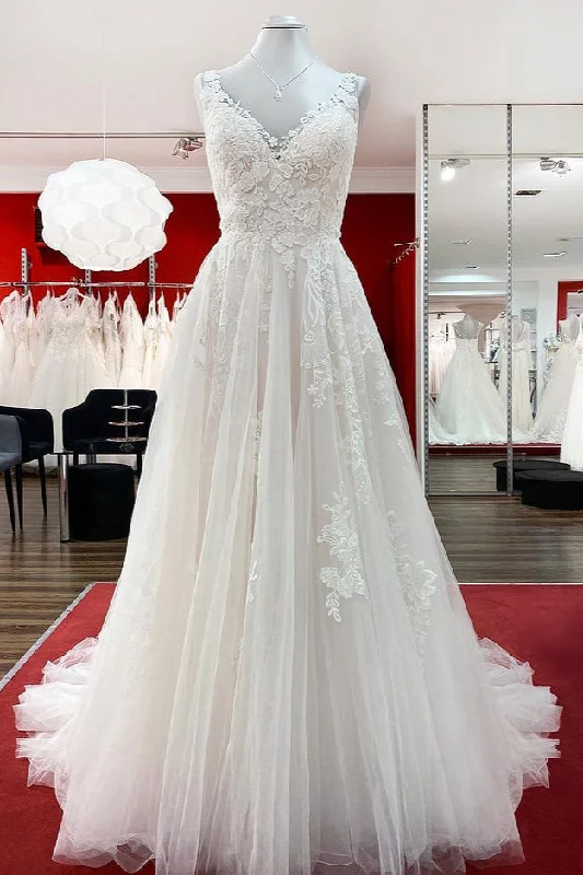 Graceful Long A-line Tulle V Neck Lace Open Back Wedding Dresses Boho Chic Gown