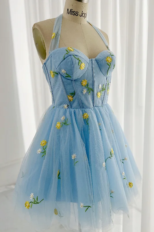 Halter Neckline Sweetheart Mini Prom Dress Floral Wedding Gown