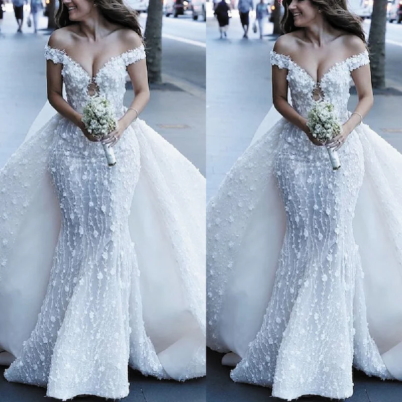 lace wedding dresses boho 2020 detachable skirt elegant off the shoulder white wedding gown 2021 vestidos de noiva Empire Waist Gown