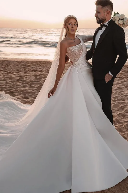 Long Sleeves Wedding Dress With Sequined One Shoulder Full Skirt Gown