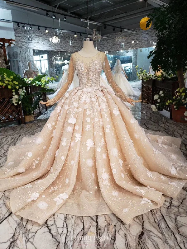 Luxury Long Sleeves Wedding Dress With Pearls Appliques Formal Ball Gown OW407 Luxury Wedding Dress