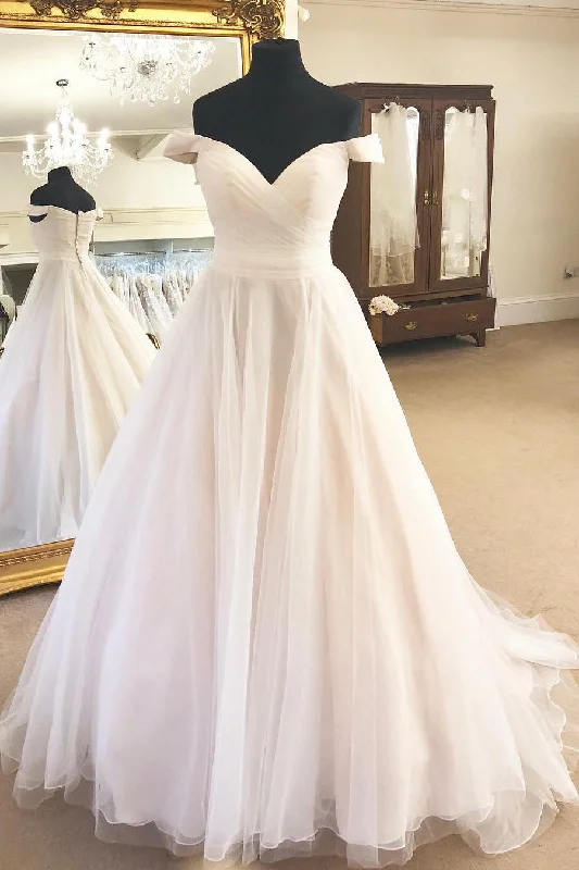 Off the Shoulder A-Line Ivory Wedding Dress with Pleats Princess Wedding Dress