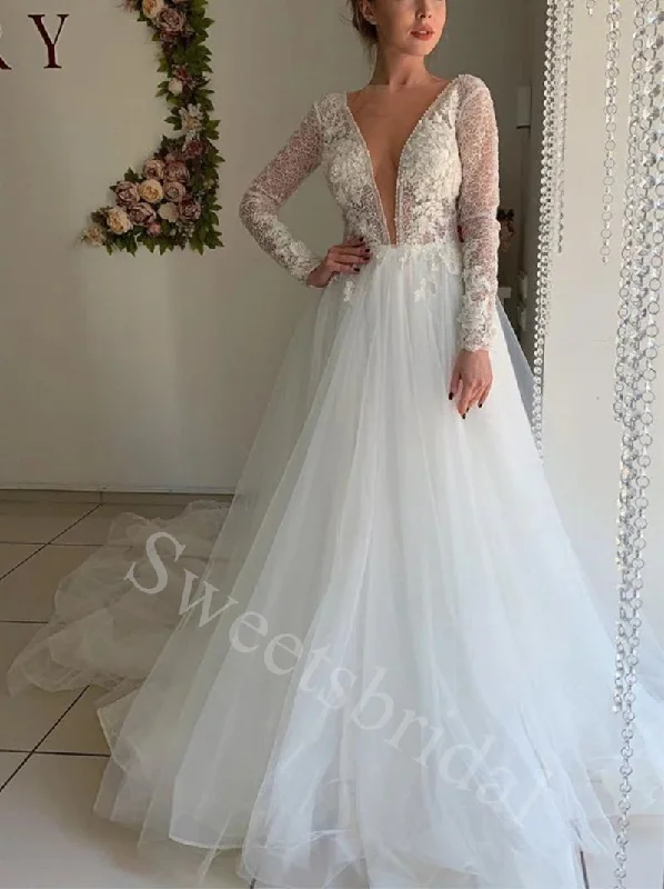 Sexy V-neck Long sleeves Mermaid Lace applique Wedding Dresses,DB0329 Floral Lace Wedding