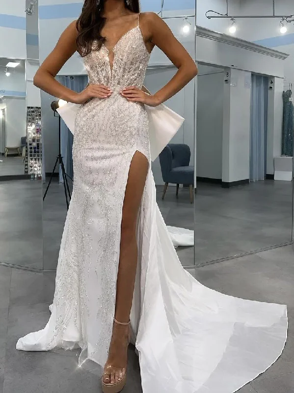 Sheath/Column Spaghetti Straps V-Neck Wedding Dress with Sequins & Split Side Illusion Lace Gown