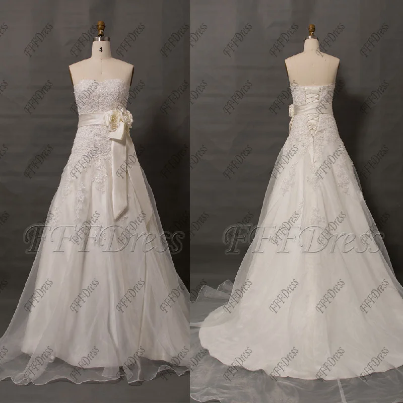 Sweetheart ivory lace wedding dress with sash Satin Wedding Dress