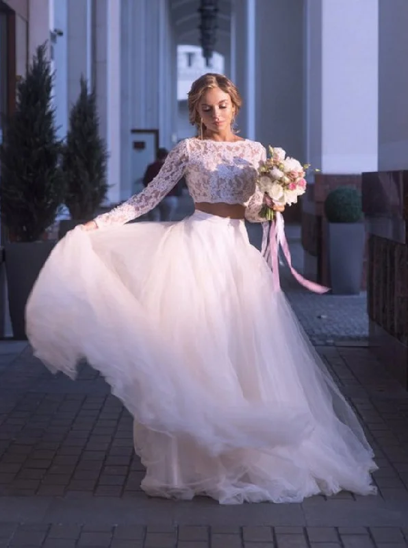 Tulle Boho Wedding Dresses Two Piece Lace Long Sleeves Bridal Gown OW668 Simple Wedding Dress