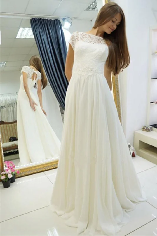 A Line Sweep Train Sheer Neck Short Sleeve Beach Wedding Dresses Sparkle Bridal Dress