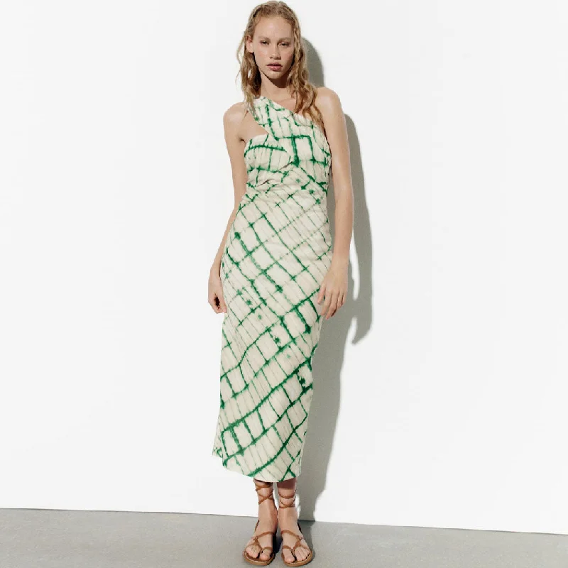 Tie Dye Checkered Print One Shoulder Midi Dress - Green Velvet midi dresses