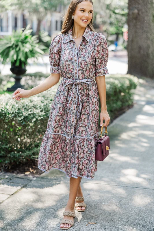 Be With Me Brown Ditsy Floral Midi Dress Strapless midi dresses