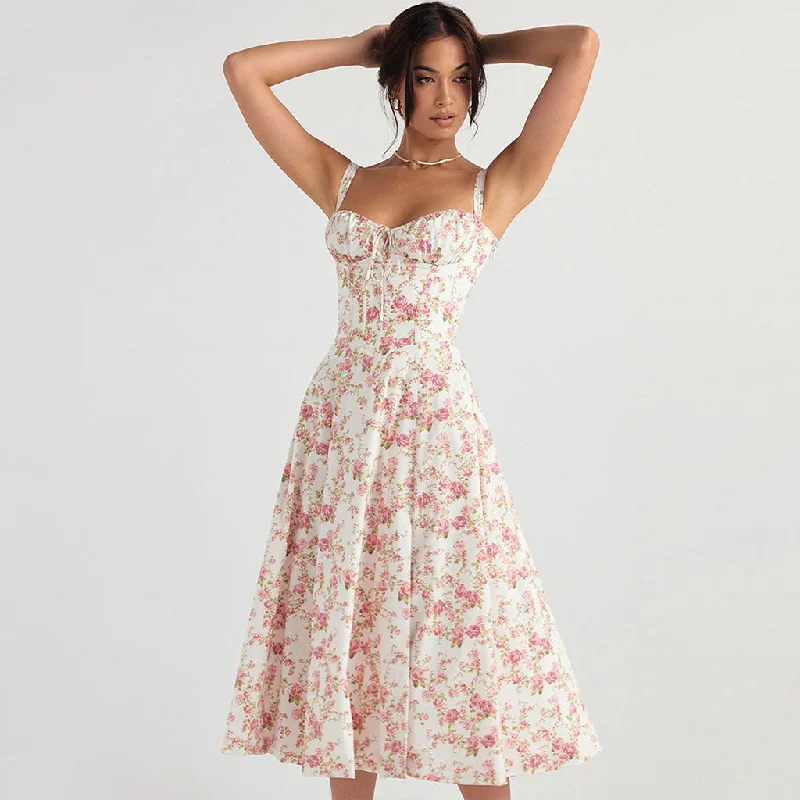 Breezy Floral Printed Lace Up Back Tie String Slit Midi Sundress - Pink Off-shoulder midi dresses