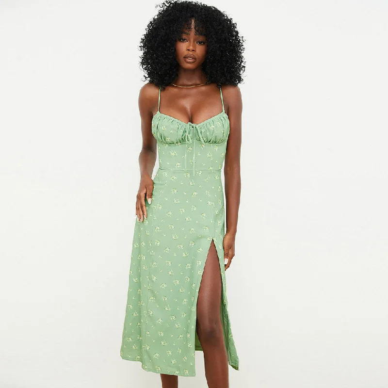 Daisy Printed Tied Bustier High Slit Slip Midi Dress - Light Green Hot new arrivals in midi dresses