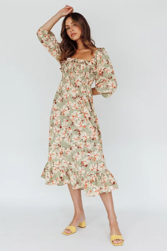 Flynn Balloon Sleeve Shirred Midi Dress Floral Green Sexy little black midi dresses