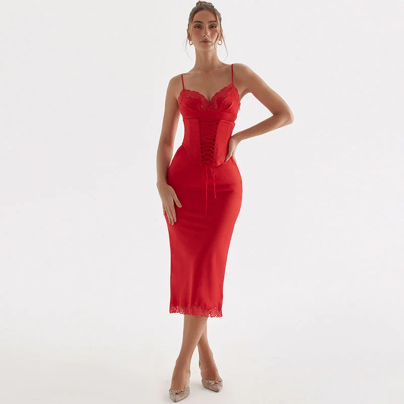 Fishtail Lace Up Belted Lace Trim Bodycon Slip Midi Dress - Red Best midi dresses for curvy figures