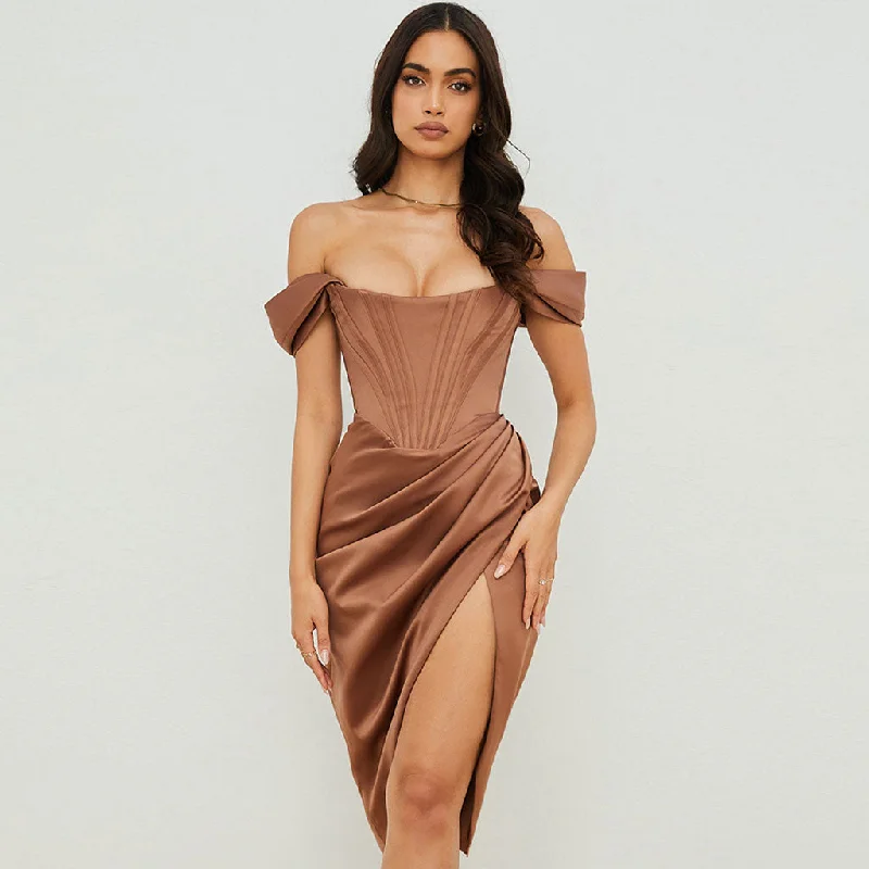 Off Shoulder Draped Corset Cocktail Midi Dress - Chocolate Expensive midi dresses