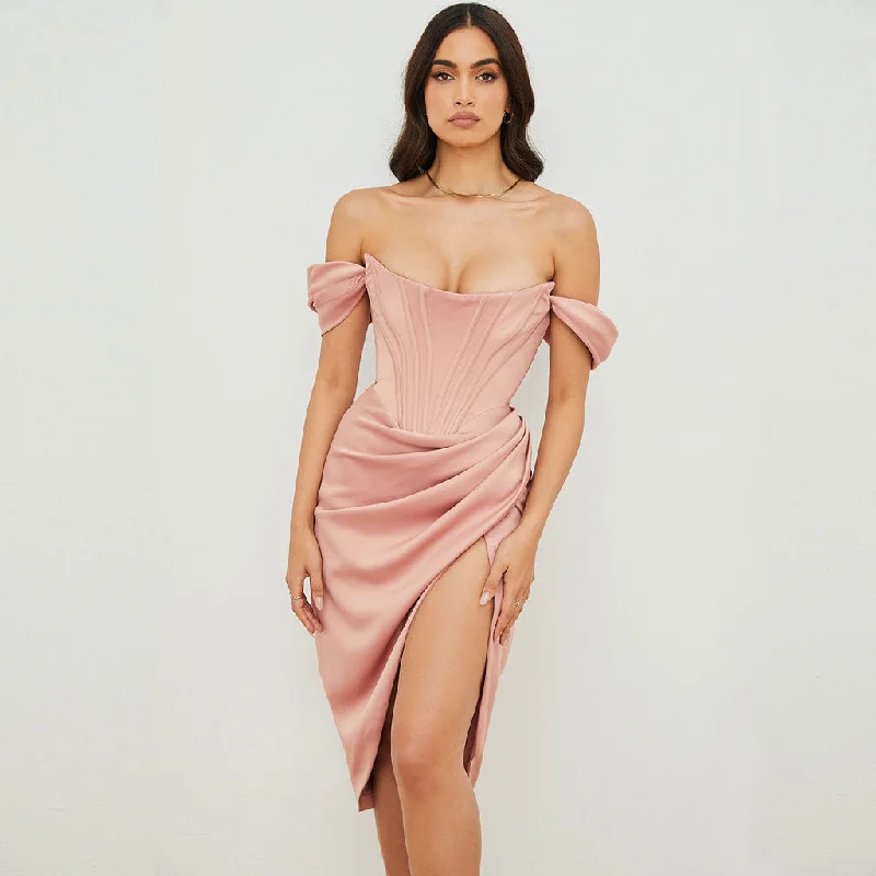 Off Shoulder Draped Corset Cocktail Midi Dress - Pink Designer midi dresses