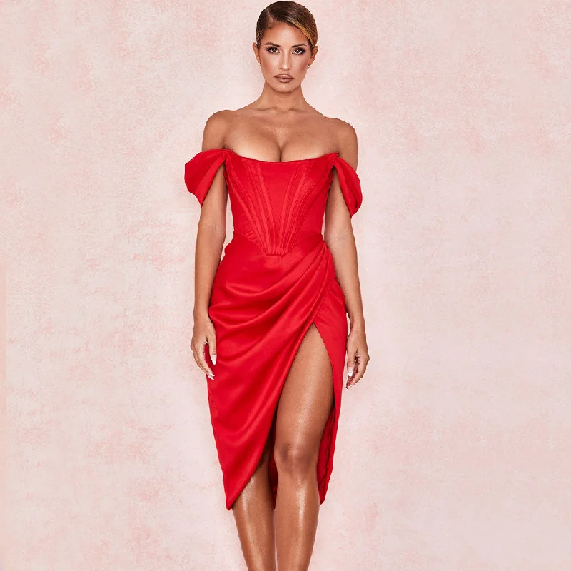 Off Shoulder Draped Corset Cocktail Midi Dress - Red Cheap midi dresses