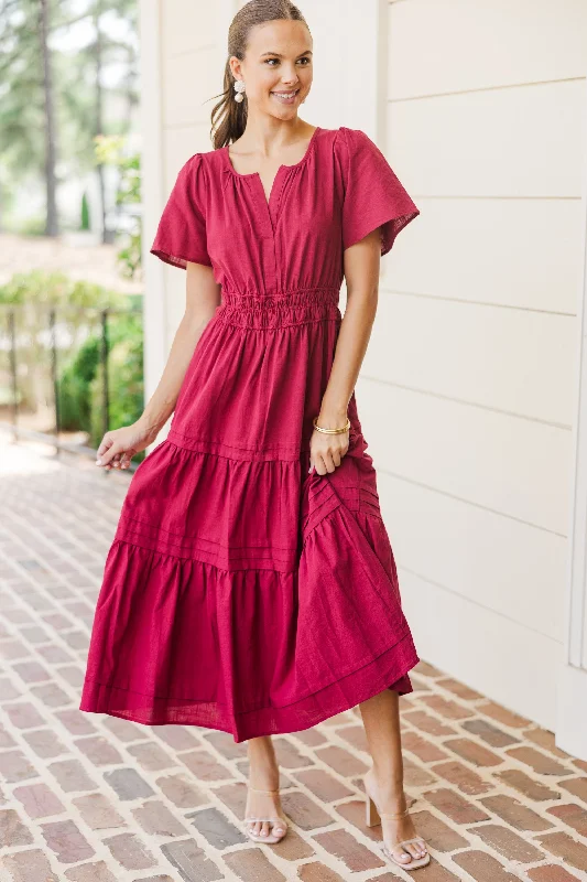 It's In The Air Burgundy Red Tiered Midi Dress Birthday midi dresses