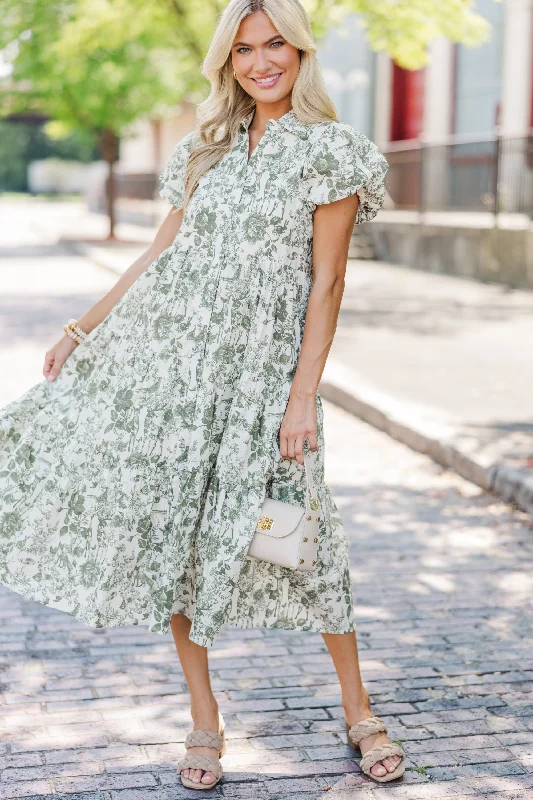 Perfect For You Olive Green Toile Button Down Midi Dress Flattering midi dresses for all body types