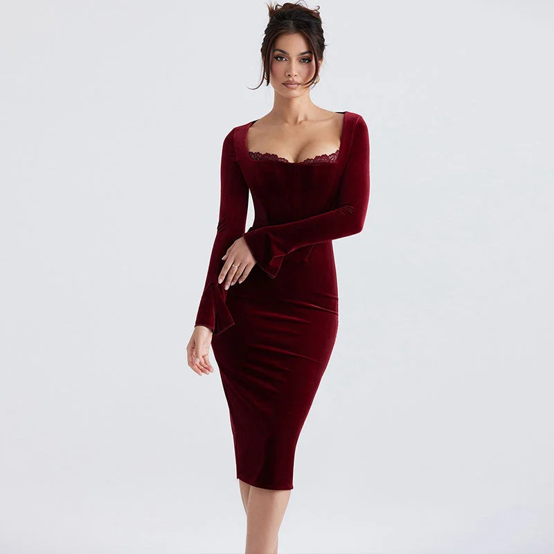 Velvet Long Sleeve Lace Trim Mesh Panel Corset Bodycon Midi Dress - Burgundy