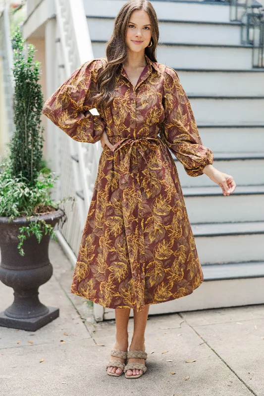 Somewhere Out There Brown Leaf Print Midi Dress Chiffon midi dresses