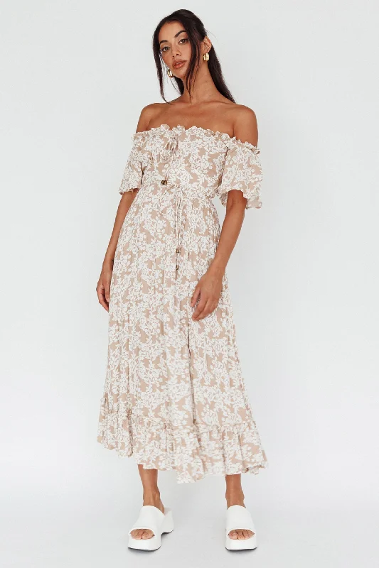 Voyager Off-Shoulder Bell Sleeve Midi Dress Floral Blush Denim midi dresses