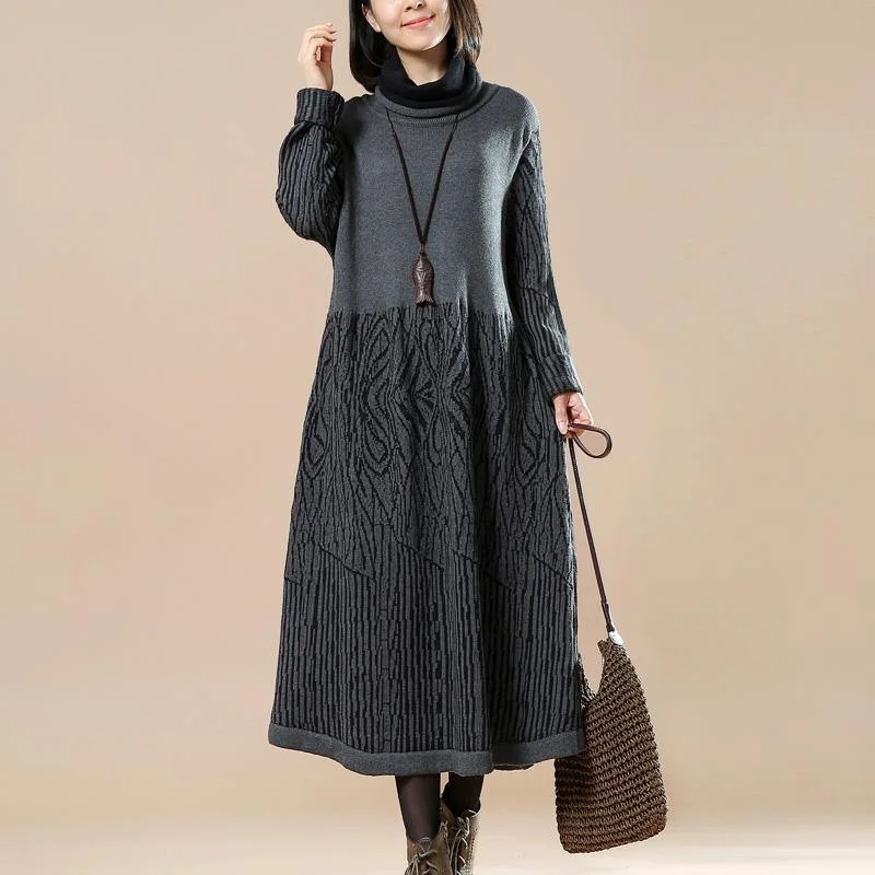 boutique gray floral knit dresses trendy plus size pullover sweater New long maxi dress sweaters A-line maxi dresses