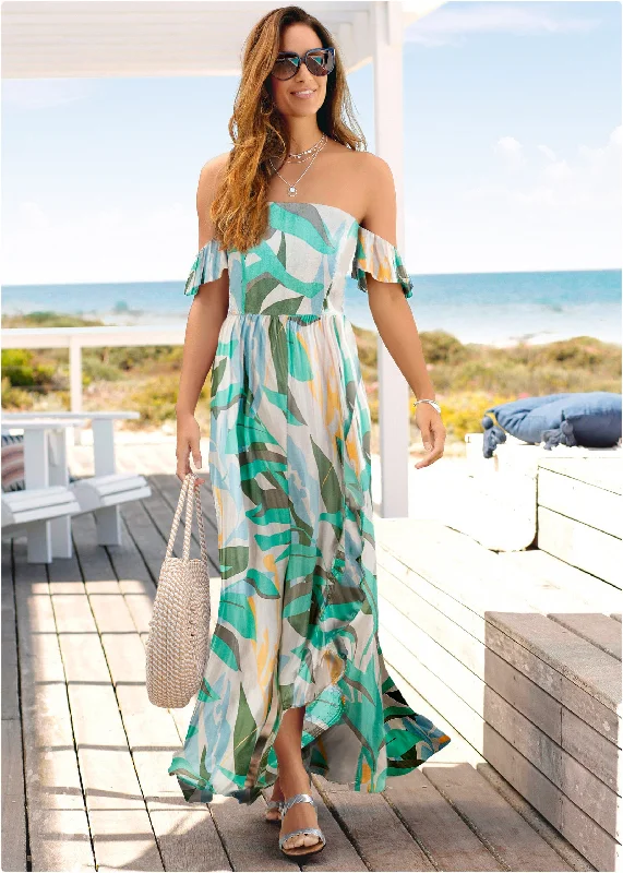 Off-The-Shoulder Maxi Dress - Beige Multi Sequin maxi dresses