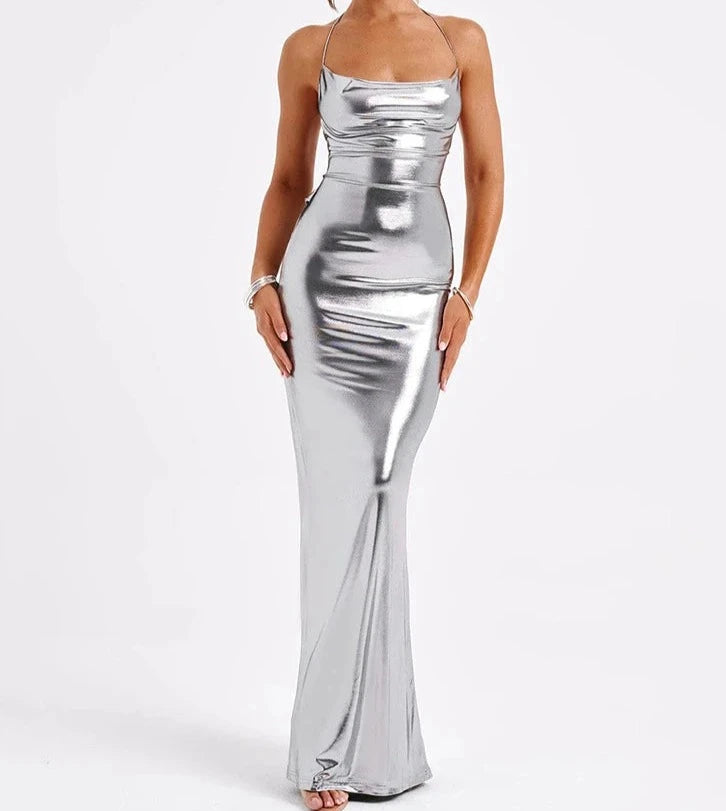 A&A Metallic Backless Cowl Neck Maxi Dress Fashion Nova maxi dresses