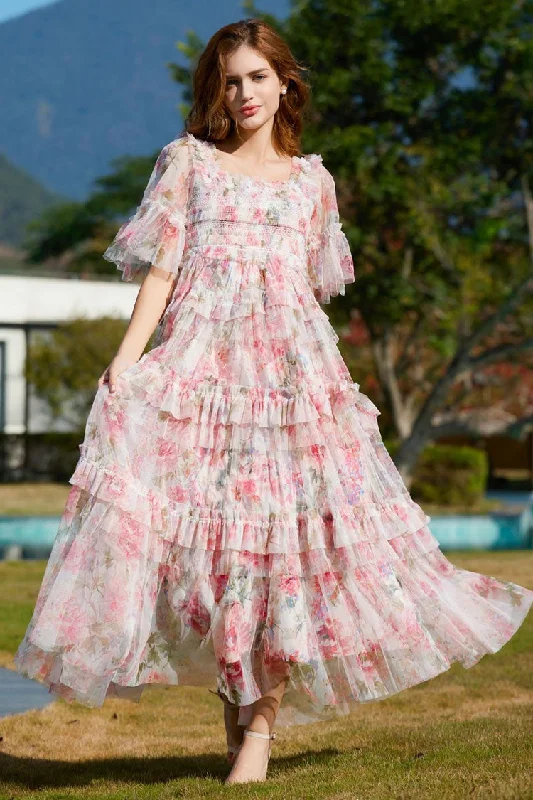 Romantic Square Neck Summer Floral Tulle Ruffle Layered Evening Maxi Dress - Pink Lightweight maxi dresses for hot weather