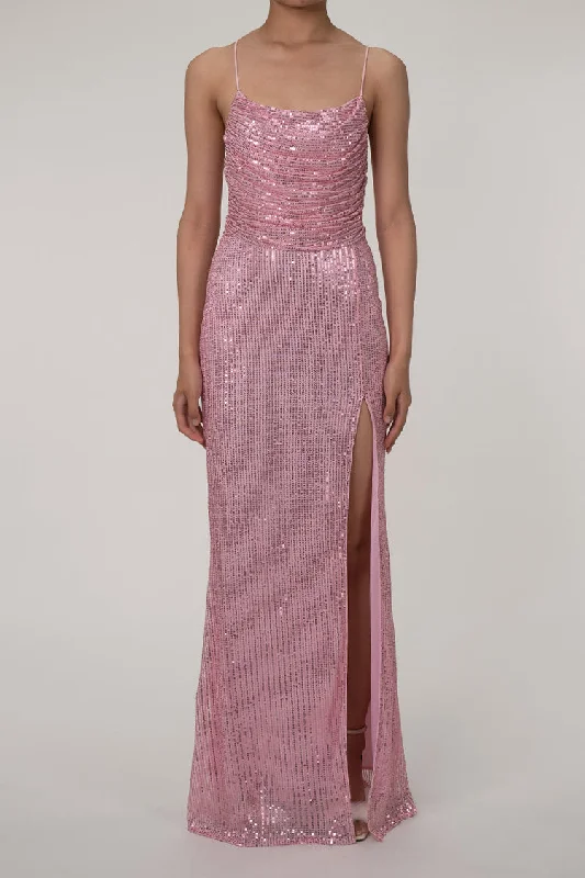 Sparkly Cowl Neck Lace Up Back High Slit Sequin Prom Maxi Dress - Pink Off-shoulder maxi dresses