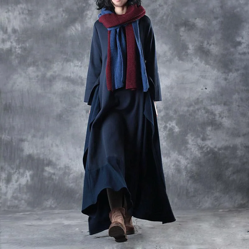 stylish dark blue patchwork sweater dress Loose fitting side open maxi dress caftans vintage asymmetrical spring dresses Off-shoulder maxi dresses