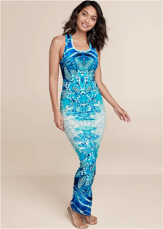 Ruched Printed Maxi Dress - Blue Multi Wrap maxi dresses