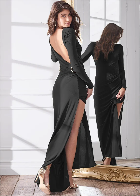 Plunging Back Long Dress - Black Glamorous maxi dresses