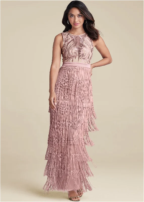 Embroidered Fringe Long Dress - Tan Halter maxi dresses