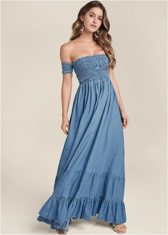 Off-The-Shoulder Maxi Dress - Medium Wash Preppy maxi dresses