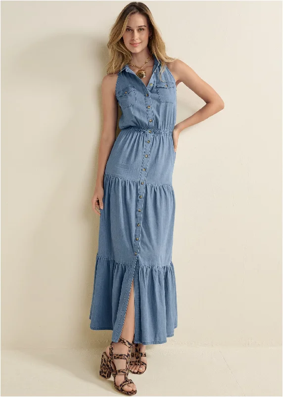 Chambray Tiered Maxi Dress  - Medium Wash Long sleeve maxi dresses