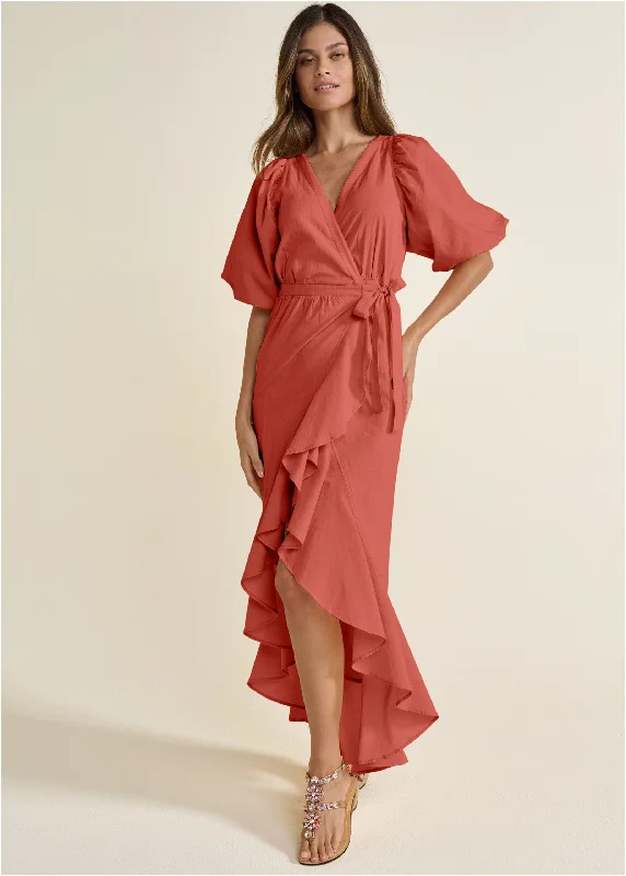 Ruffle Wrap Maxi Dress - Burnt Orange Flowy maxi dresses